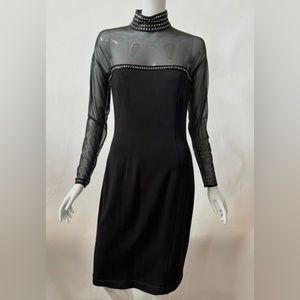 1990S TADASHI BLACK VINTAGE EVENING DRESS W SHEER SLEEVES & RHINESTONES